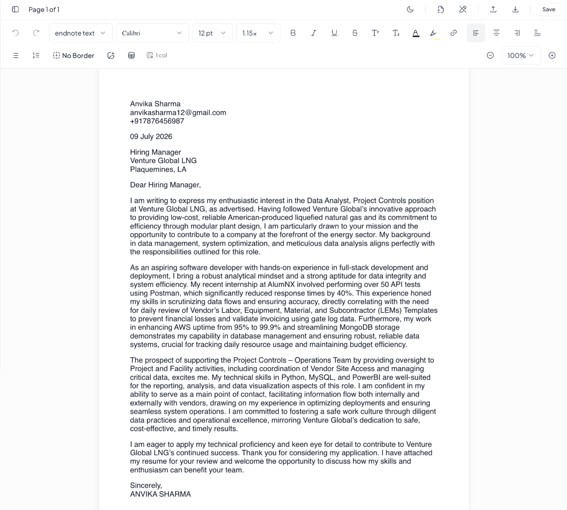 Cover letter example tailored to job description